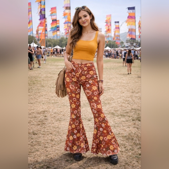 Altar'd State Denim - Altar'd State Orange Print Hobo Hippie Flared Jeans Size S